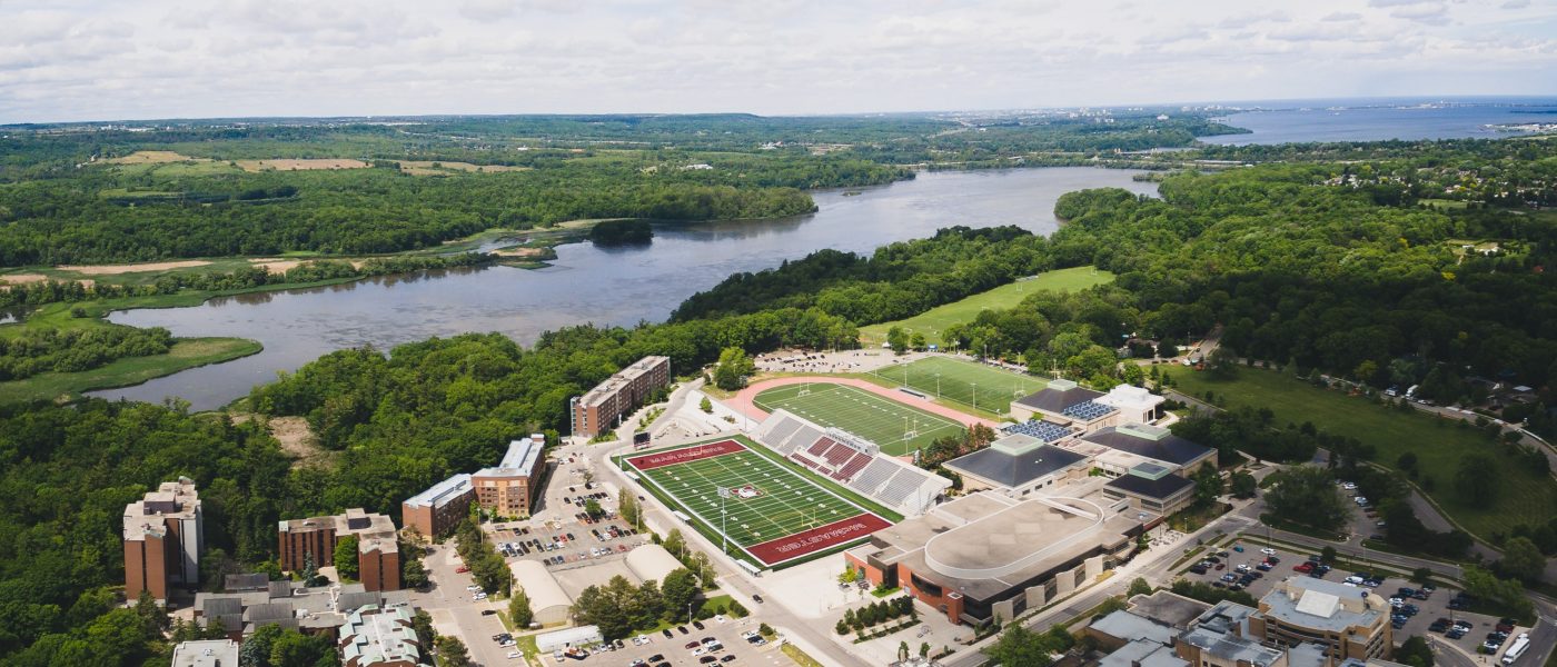 Aerial view of west end of campus with Cootes Paradise in the distance.