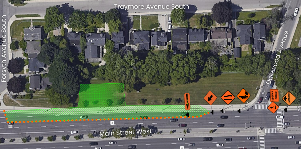 Map showing the temporary lane closure of Main Street West from Dalewood Avenue