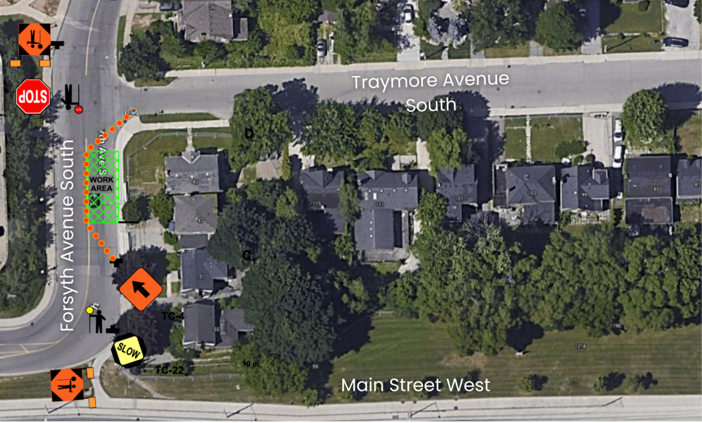 Map showing temporary lane closure of Forsyth Avenue South