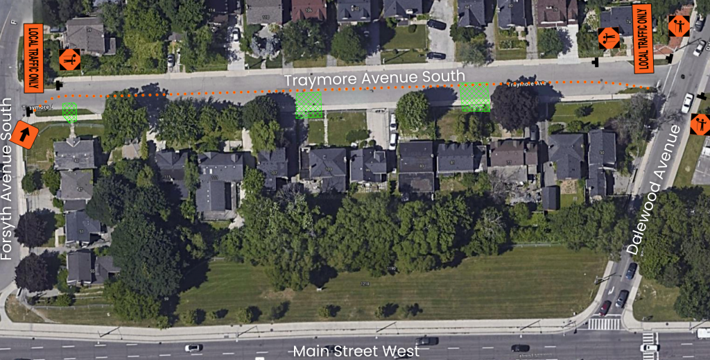 Map showing temporary road closure of Traymore Avenue South