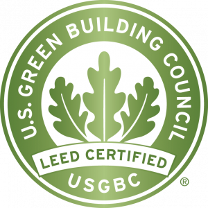 the LEED certification logo, in green, reading: U.S. Green Building Council (USGBC), Leed certified.